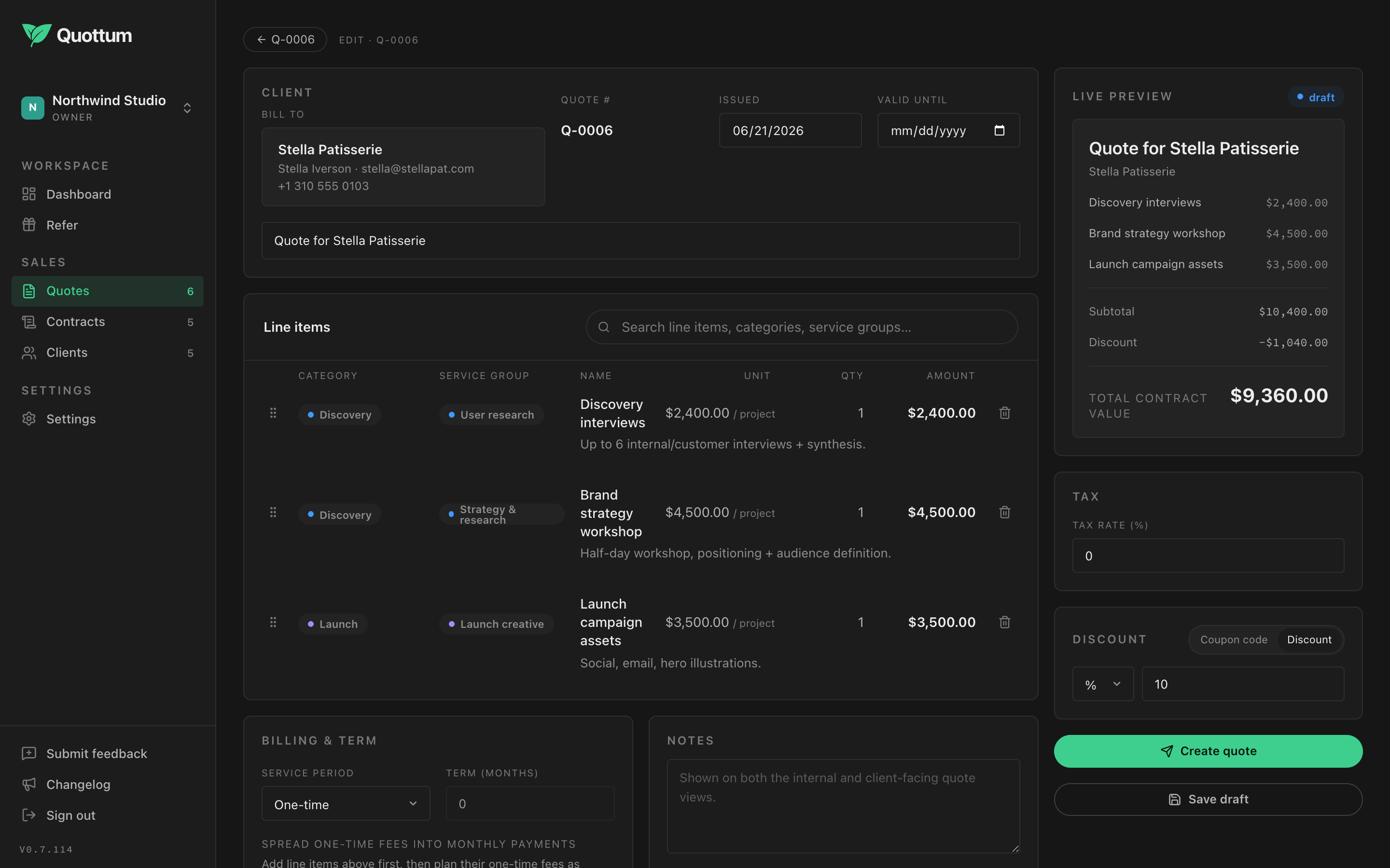 Quote builder with line items, live preview and totals