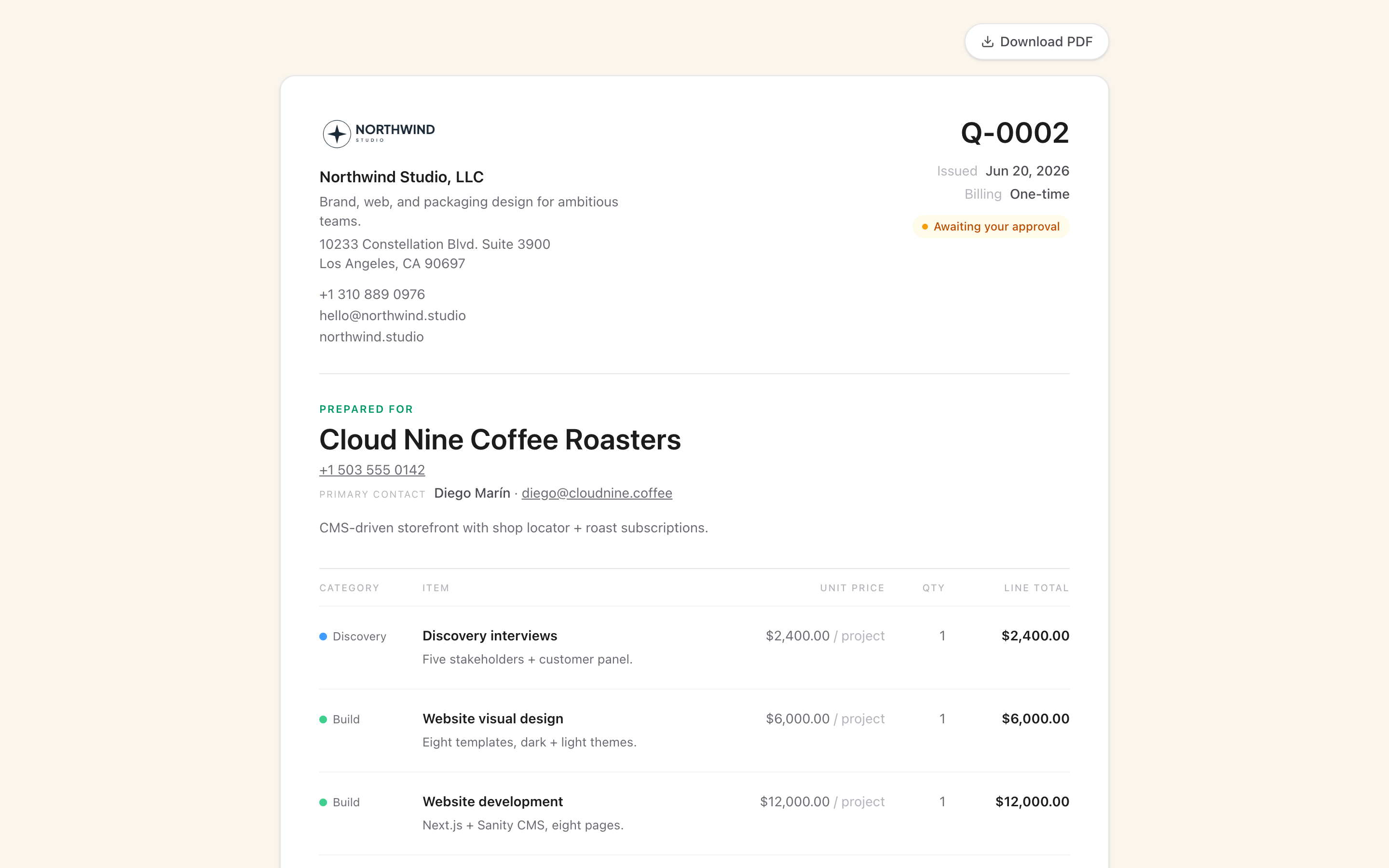 Client-facing approval page — accept, decline, or request changes