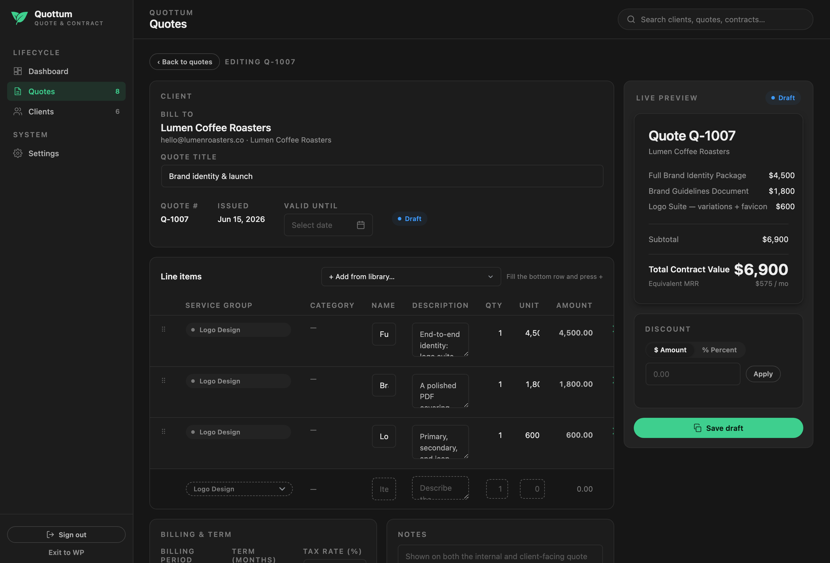 Quottum quote builder with live preview