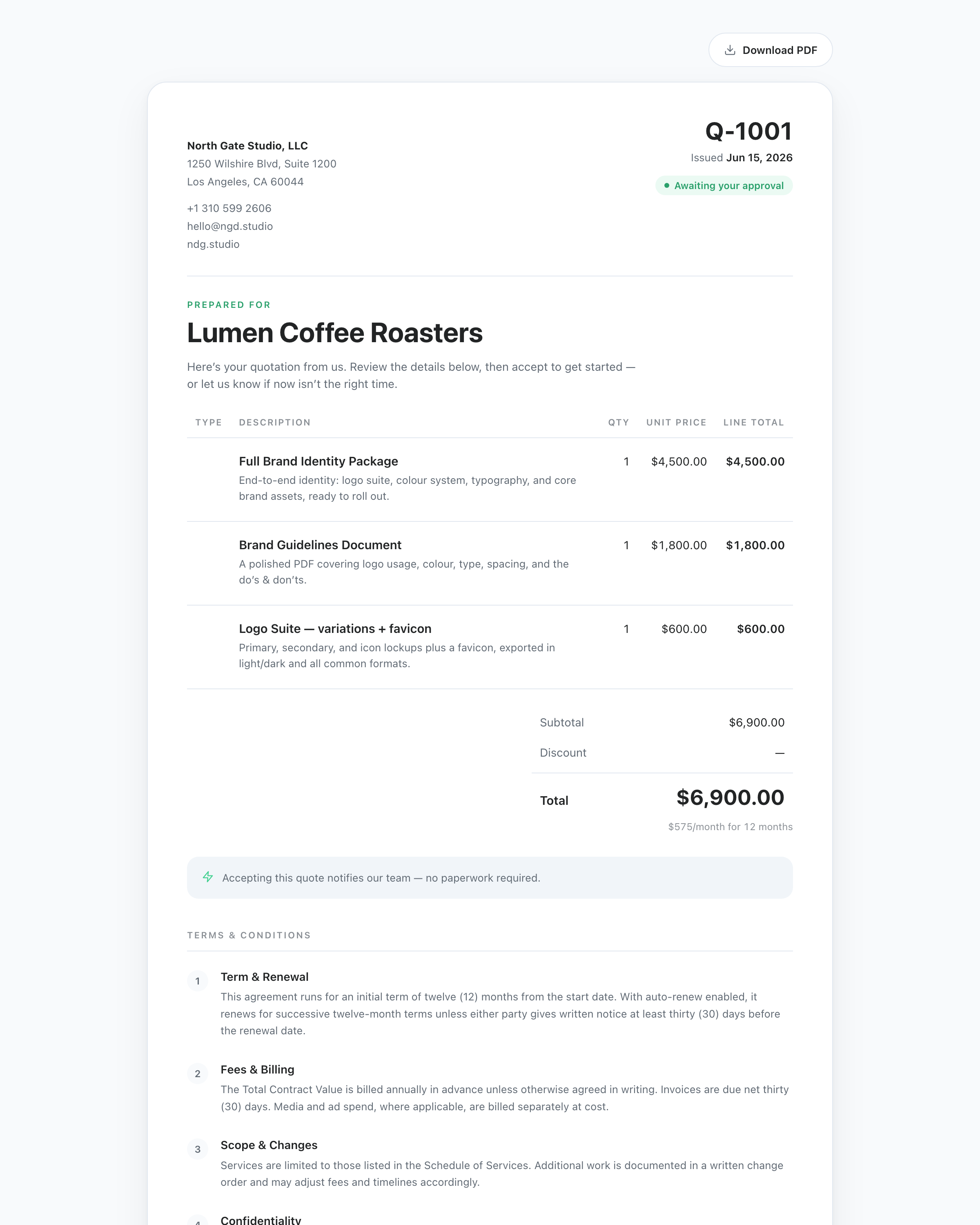 Client-facing quote approval page