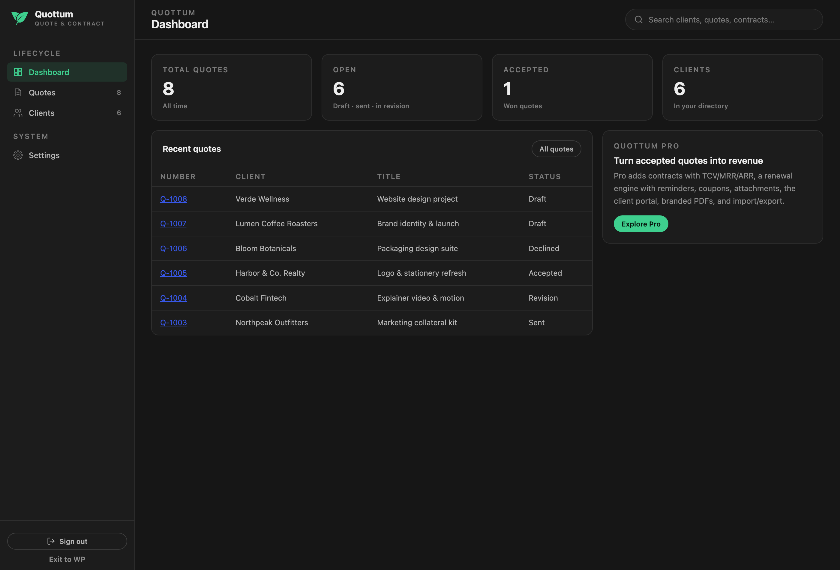 Quottum dashboard with quote stats and recent activity