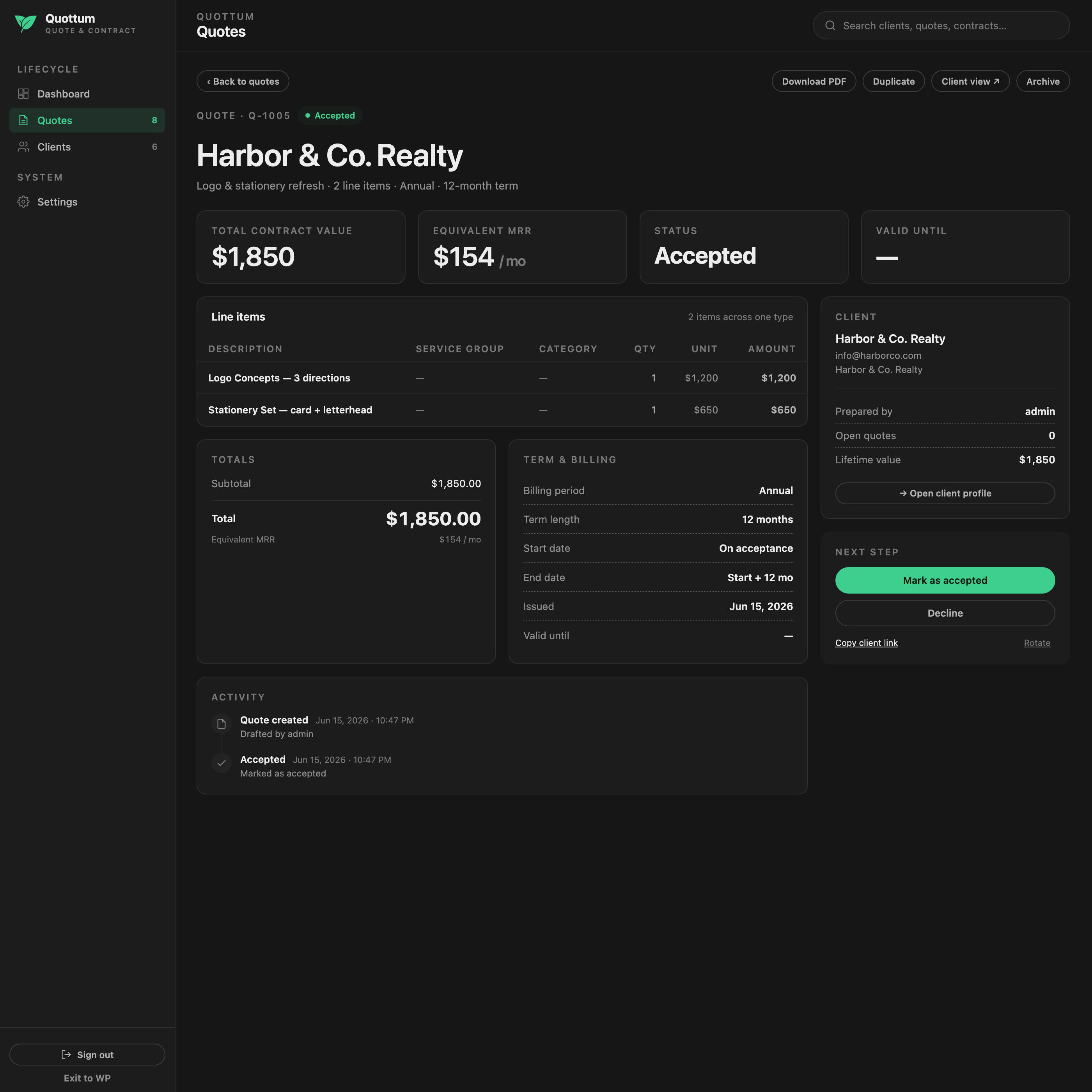 Quote detail with status timeline and actions